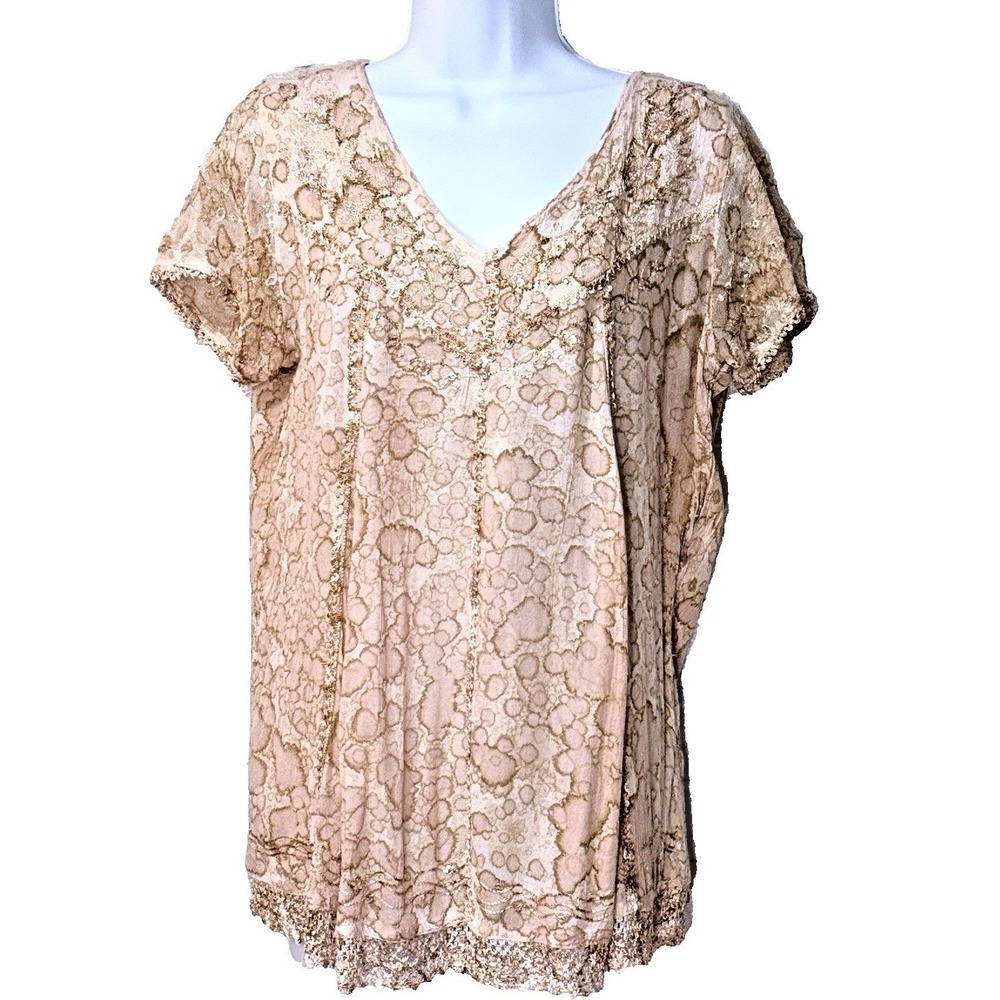 Vtg Boho‎ Women Top XL Crochet Trim India Embroidered Sequins Artsy Lagenlook